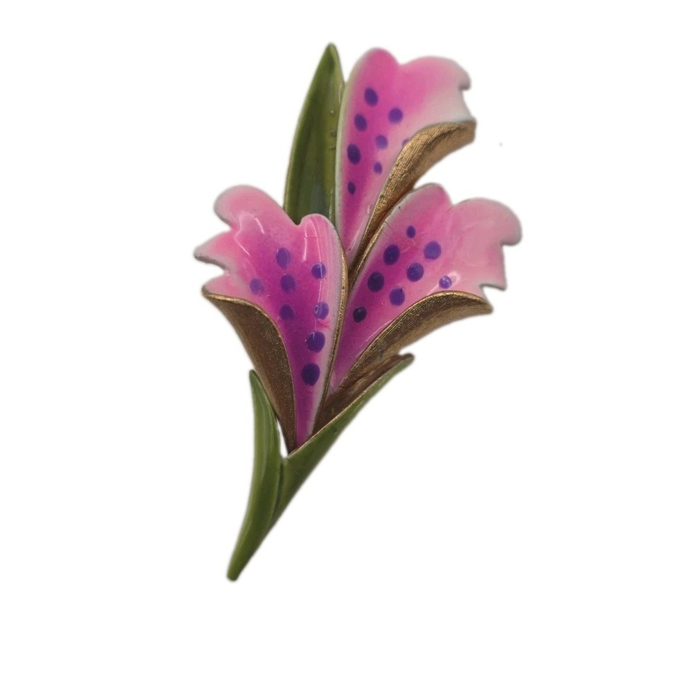Vintage Corocraft Enameled Pink Purple Lily Orchid Retro Brooch Gold Tone Signed